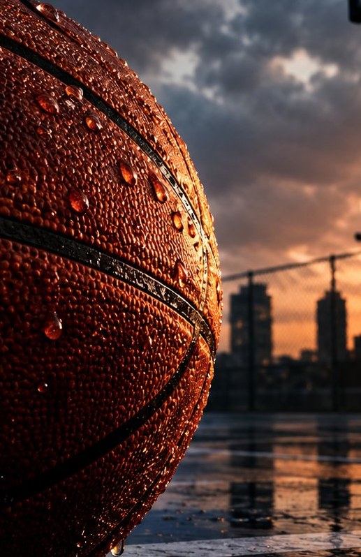 Close-up of a wet basketball on an outdoor court at sunset