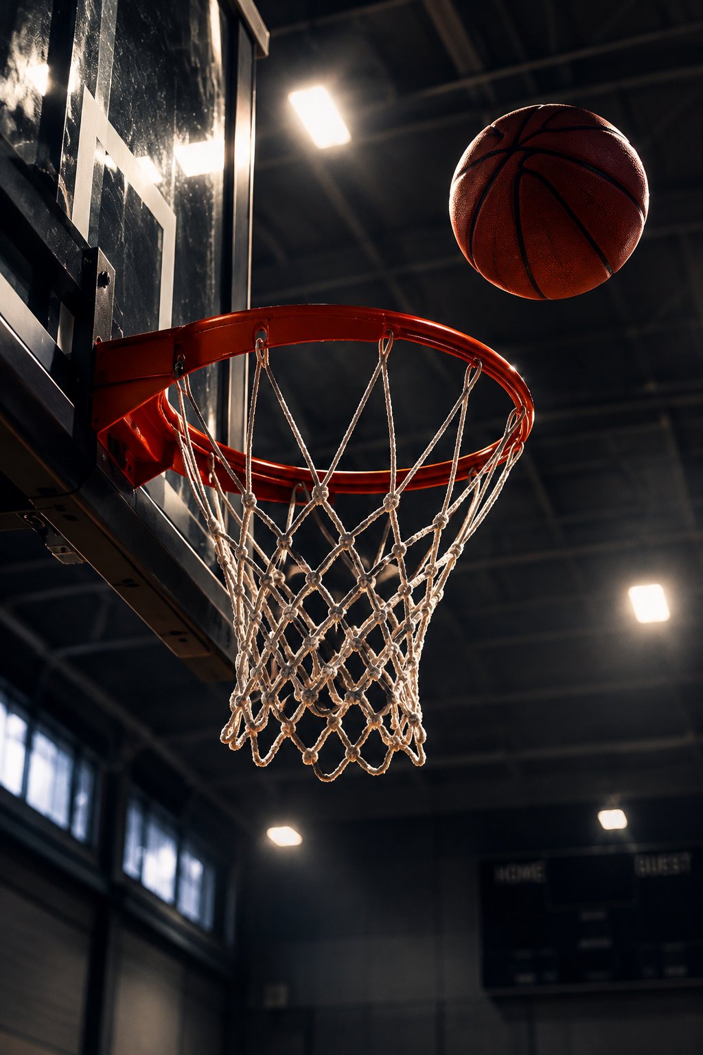 A basketball dropping toward the hoop under arena lights